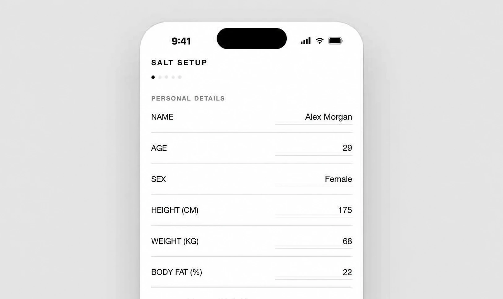 SALT Fitness personal setup screen in a minimal iPhone frame