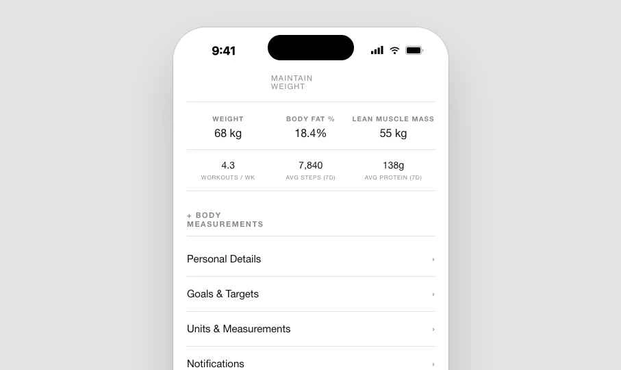 SALT Fitness profile and body measurements screen in an iPhone frame