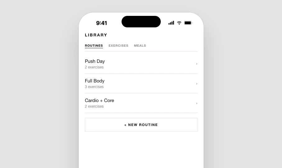 SALT Fitness routine library screen in an iPhone frame