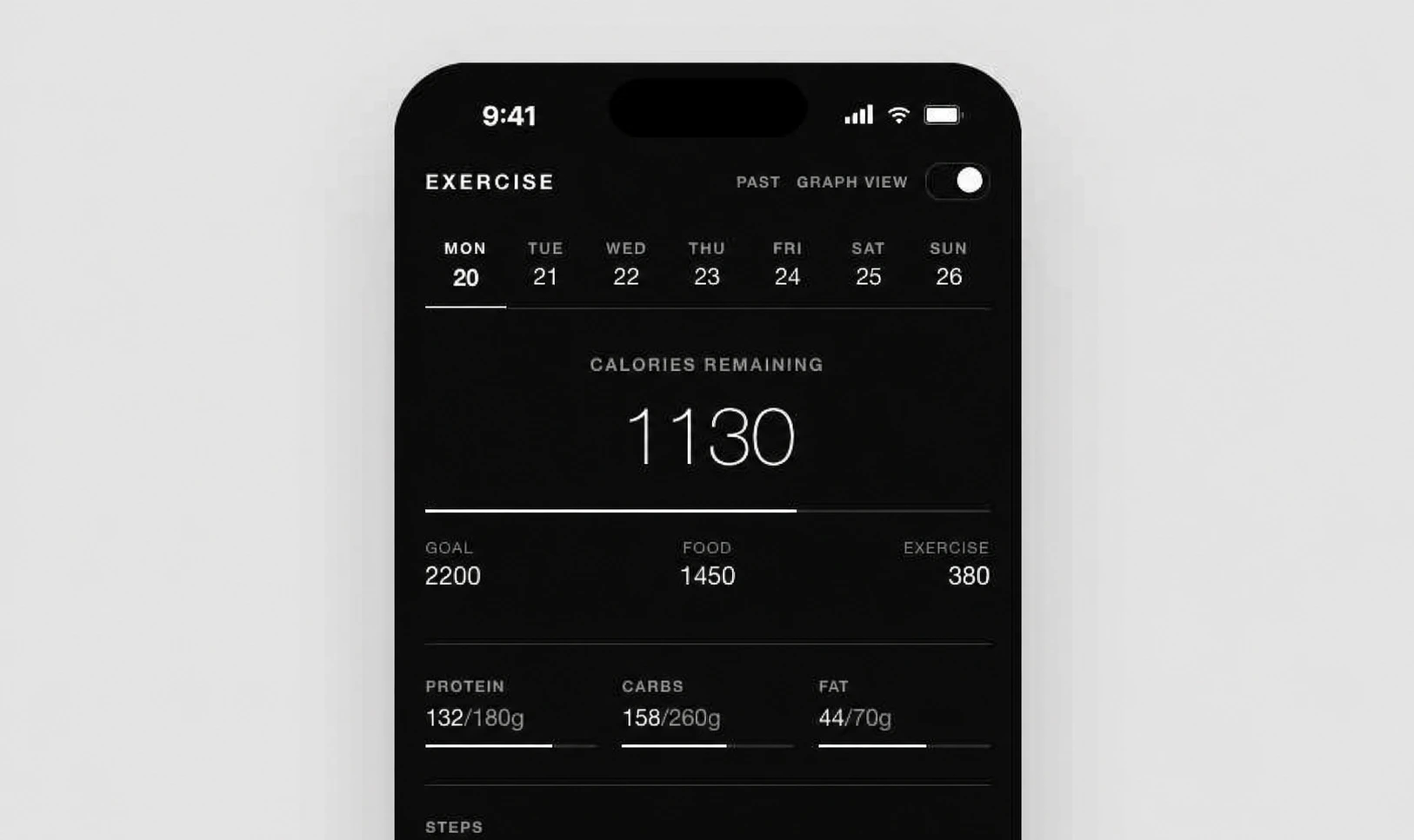SALT Fitness exercise log in dark mode in an iPhone frame