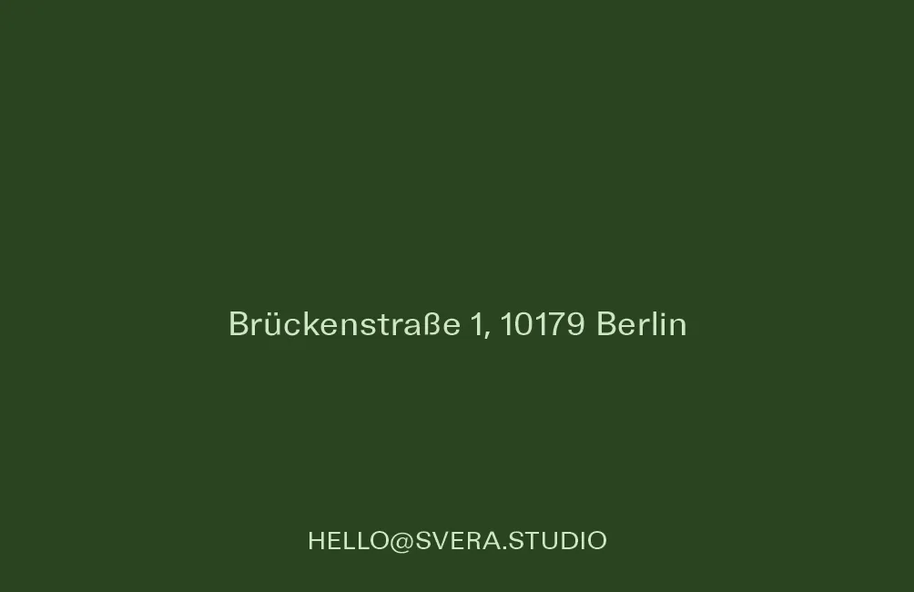 SVERA business card reverse, flat green with address and email