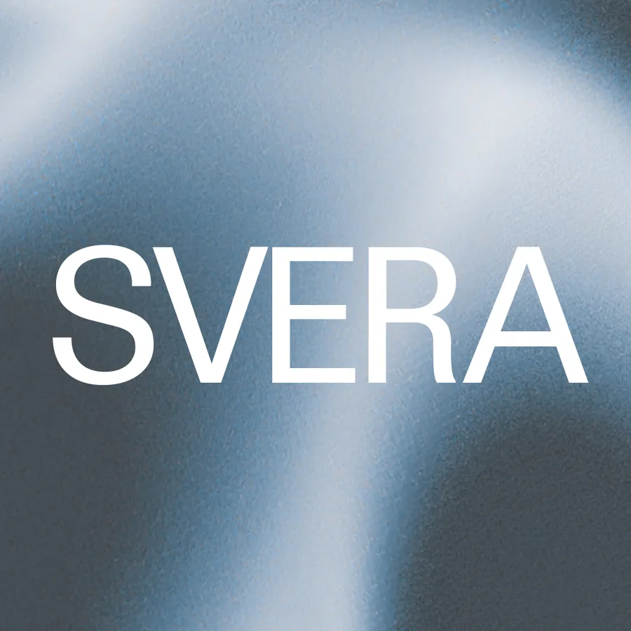SVERA wordmark reversed in white on the blue gradient