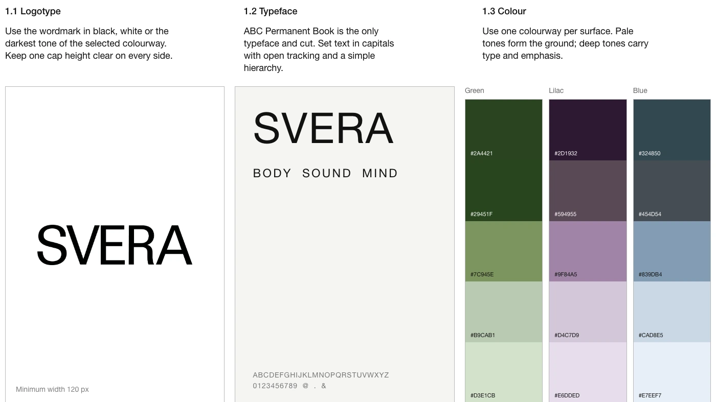 SVERA brand guide: logotype, typeface and colour system